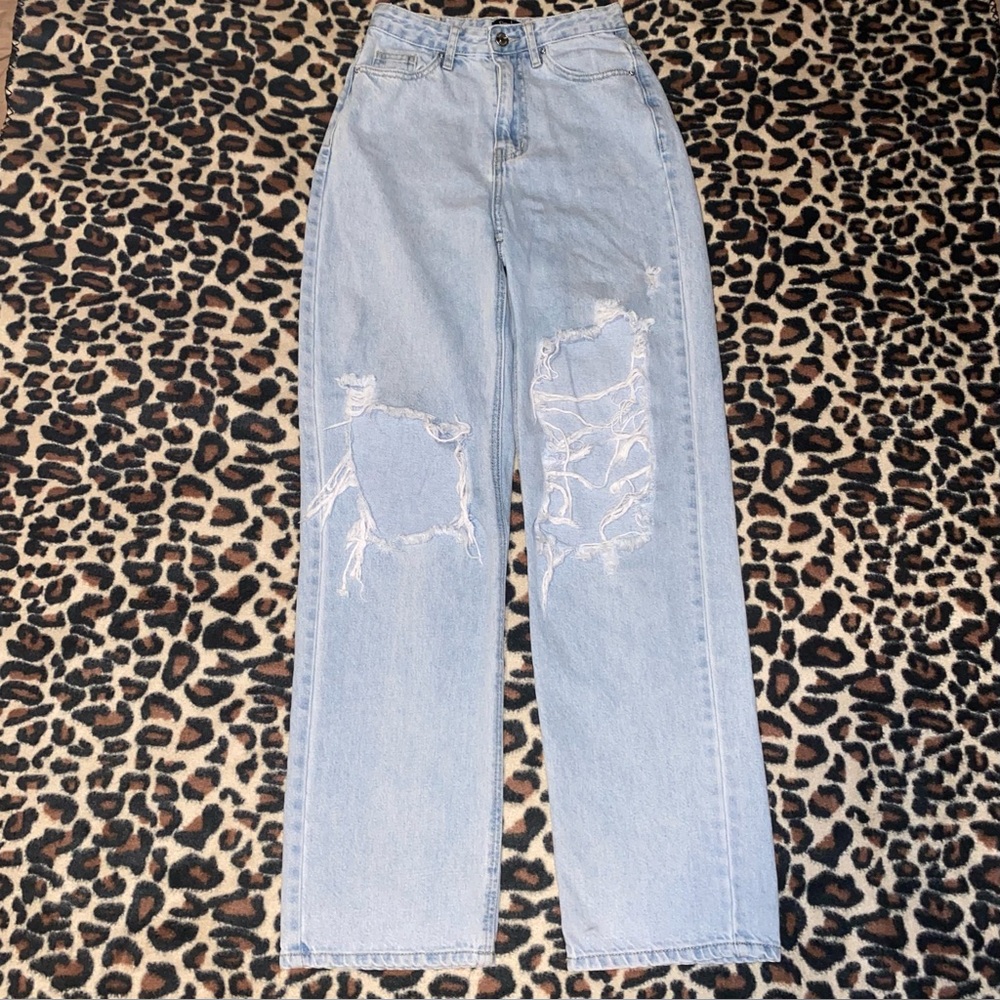 light wash high waisted straight leg distressed jeans